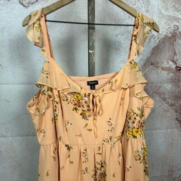 TORRID floral chiffon dress size 3X ruffled flutter sleeve feminine peach - Picture 2 of 5